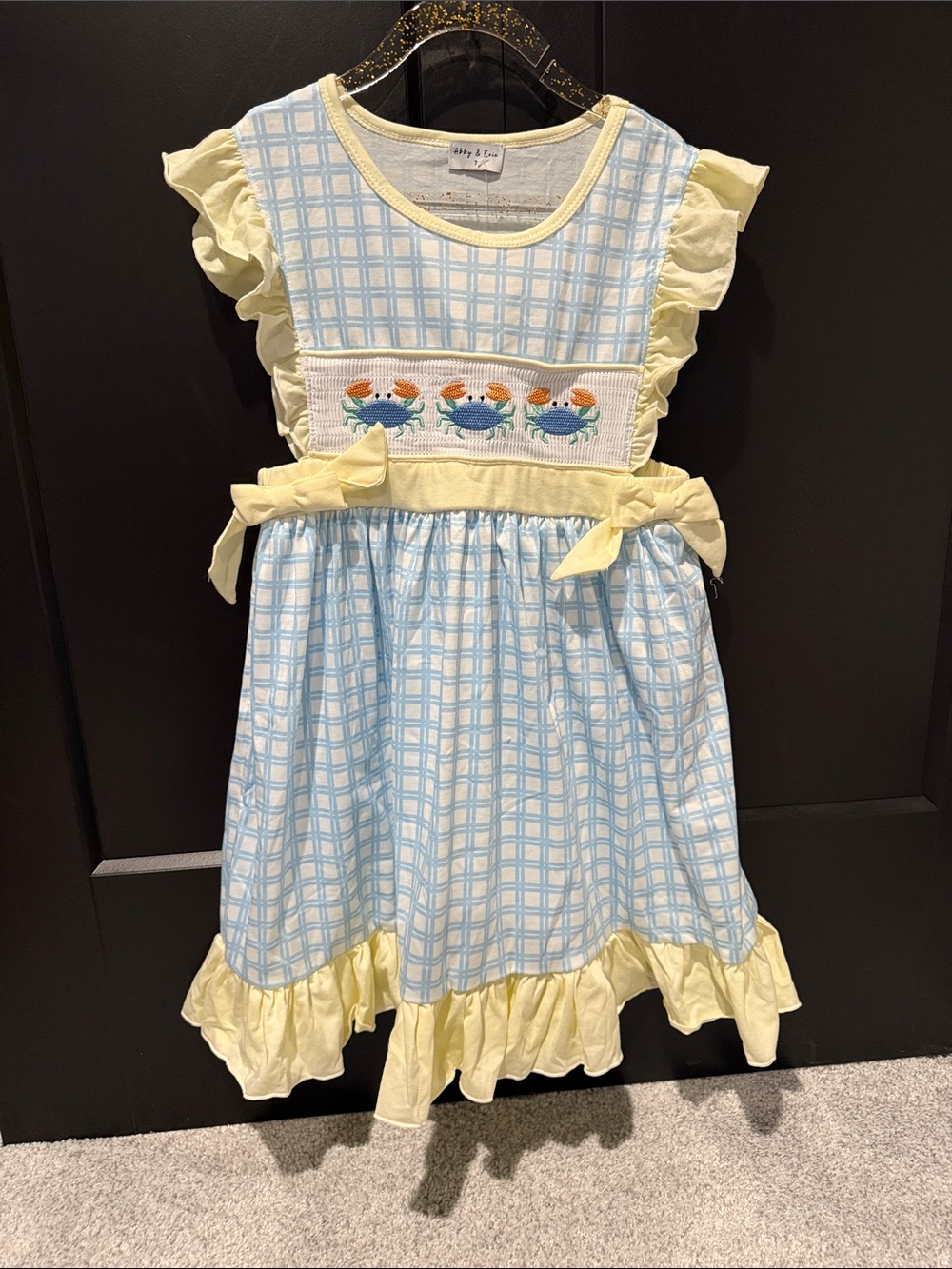 Yellow & Light Blue Smocked Crab Print Girls Dress - Classic Ruffle Style